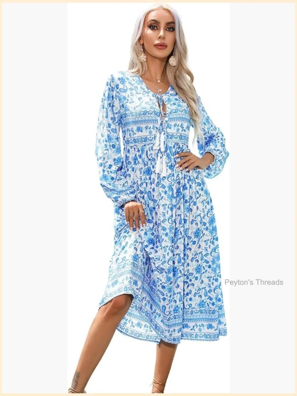 Long Sleeve Floral Print Retro V Neck Tassel Casual Bohemian Midi Dress